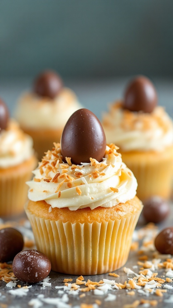 Close up of Coconut Cream Egg Cupcakes on a speckled white surface