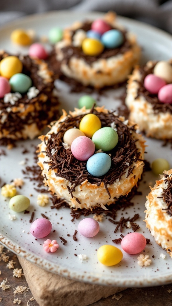 Coconut Macaroon Nests decorated with colorful candy eggs