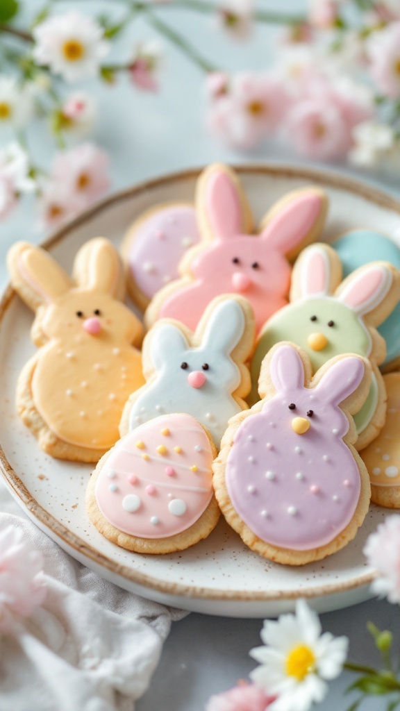 Colorful coconut sugar cookies shaped like bunnies and eggs for Easter