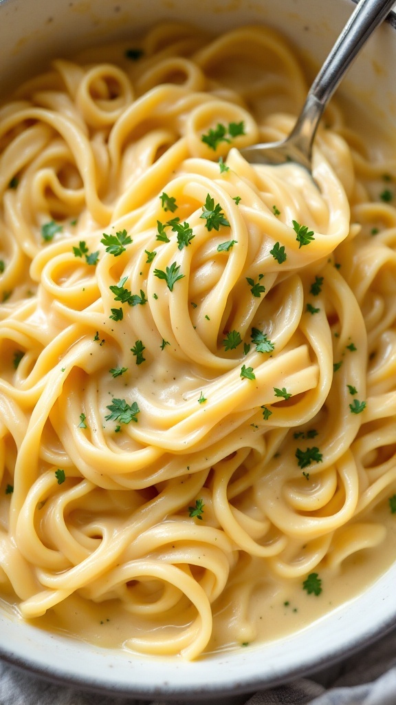 A bowl of creamy fettuccine alfredo topped with parsley.