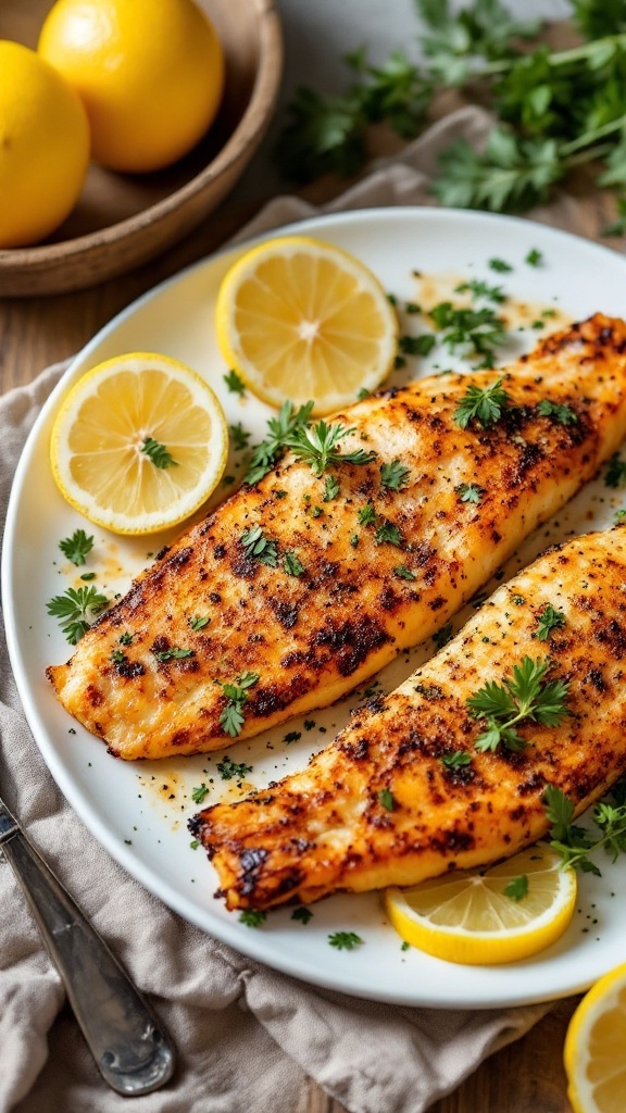 Crispy air fryer fish fillets garnished with lemon slices and herbs