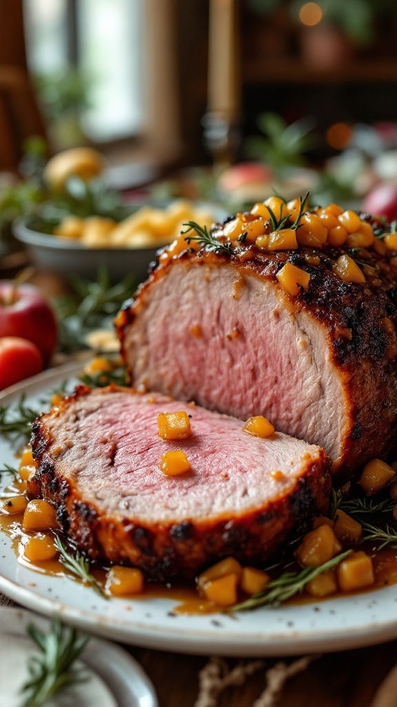 A beautifully cooked crown roast of pork served with apple chutney and garnished with herbs.