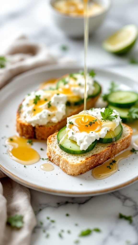 Cucumber sandwiches with goat cheese and honey on a plate.