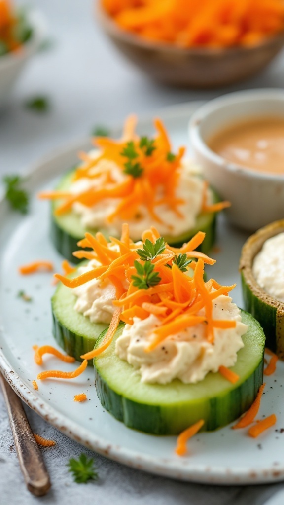 Cucumber sandwiches topped with hummus and carrot shavings.