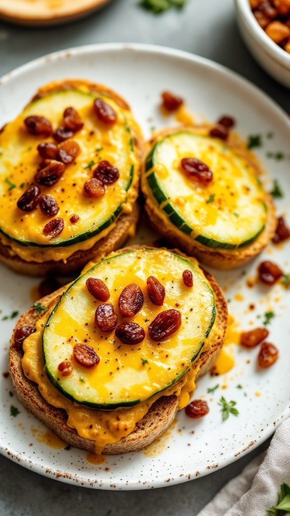 Curried cucumber sandwiches with raisins arranged on a plate.