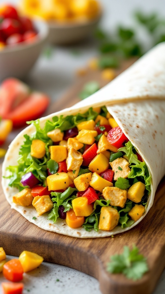 A colorful Curry Chicken Salad Wrap filled with chicken, mango, red bell pepper, and greens