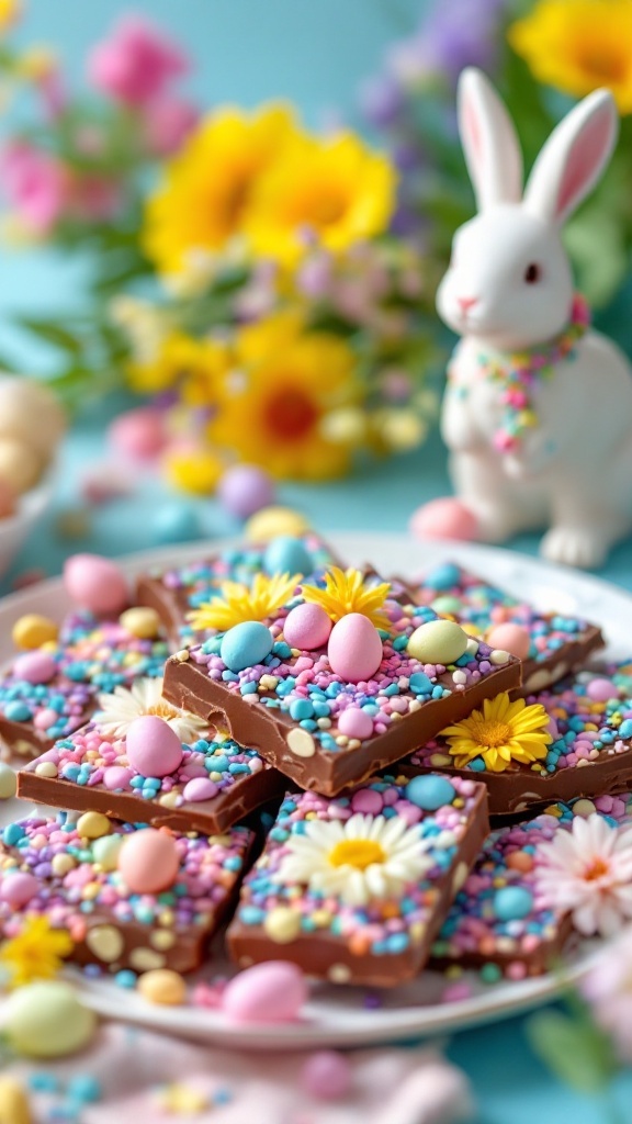 Colorful Easter bark decorated with chocolate eggs and sprinkles