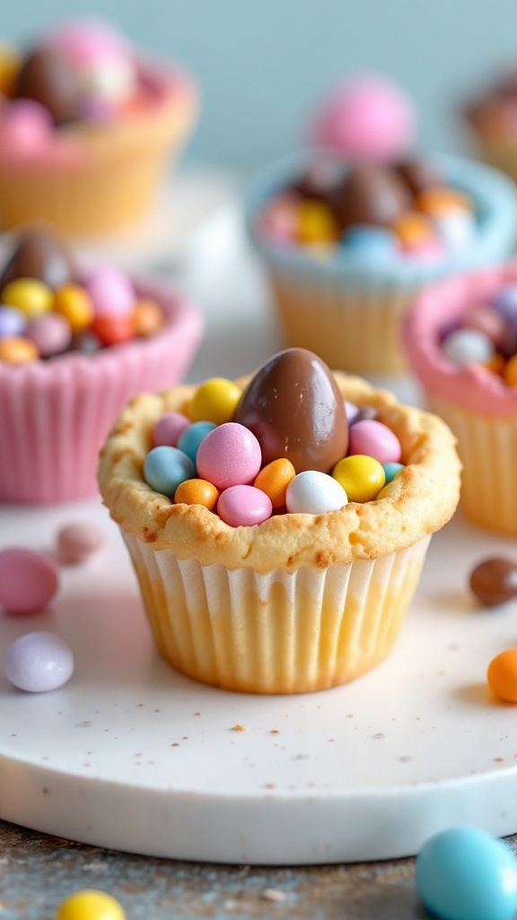 Easter Basket Cookie Cups with colorful candy eggs