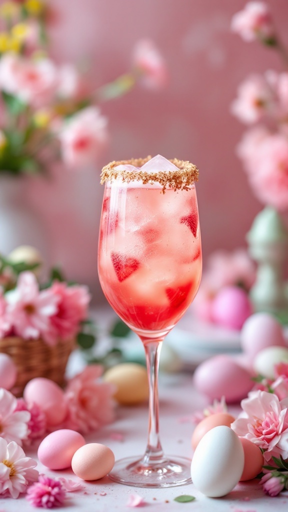 A festive Easter Basket Mimosa cocktail with a coconut rim and strawberry puree.