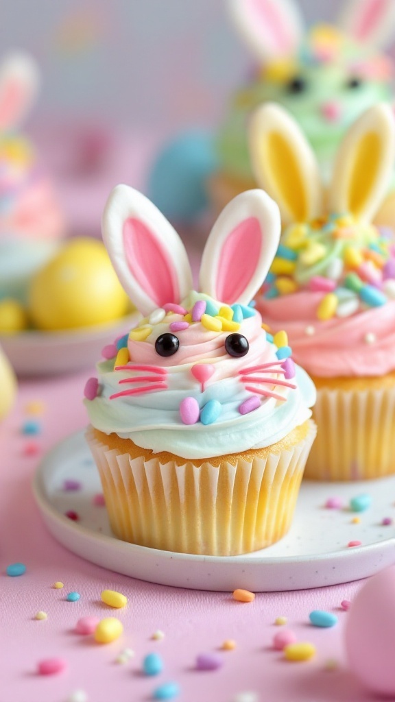 Colorful Easter Bunny Cupcakes decorated with frosting and candy