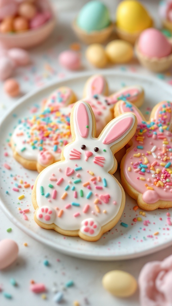 Easter Bunny Sugar Cookies decorated with icing and sprinkles.