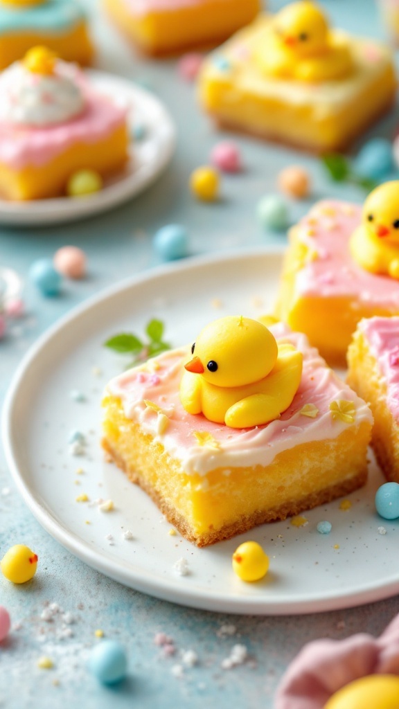 Easter Chick Lemon Bars with colorful frosting and decorations