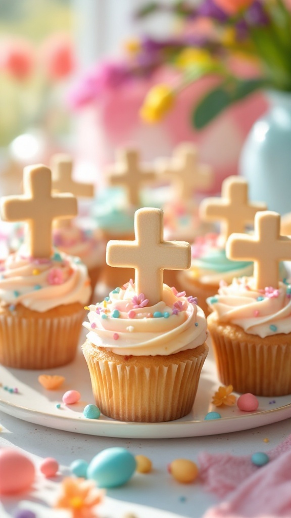 Easter Cross Pull-Apart Cupcakes decorated with colorful sprinkles and cross-shaped cookies.