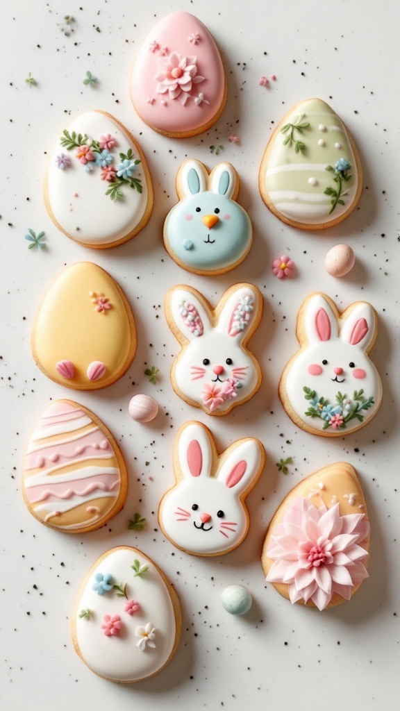 Colorful decorated Easter cookies shaped like eggs and bunnies