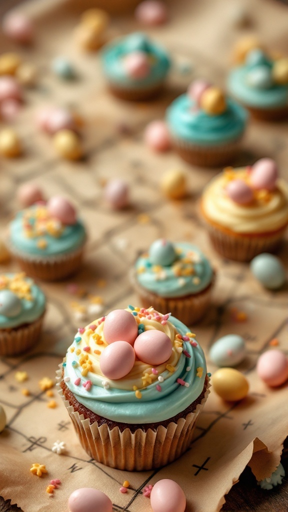 Easter themed cupcakes decorated with colorful frosting and candy eggs