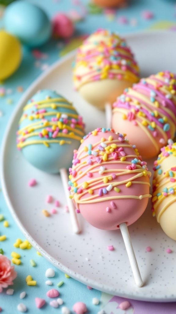 Colorful Easter Egg Oreo Pops decorated with sprinkles.