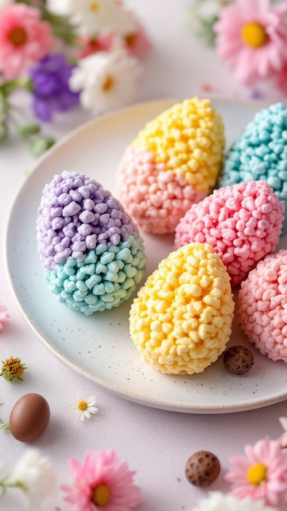 Colorful Easter Egg Rice Krispie Treats shaped like eggs