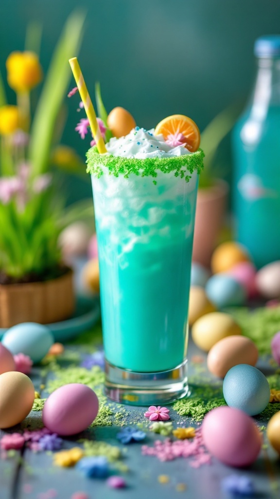 A vibrant blue cocktail with a green sugar rim, garnished with whipped cream and an orange slice, surrounded by Easter-themed decorations.