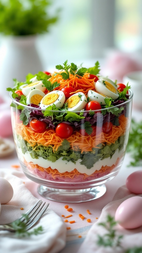 A colorful layered Easter salad with vegetables and eggs