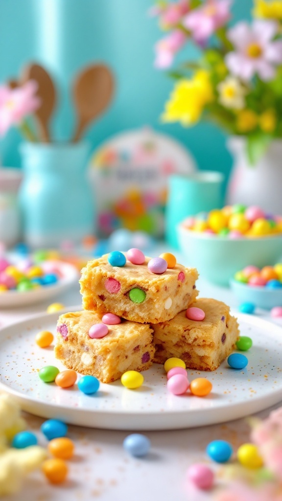 Delicious Easter M&M Blondies stacked on a plate, surrounded by colorful candies.