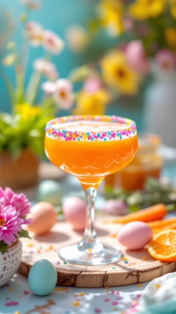 Easter brunch cocktail with carrot juice, ginger beer, and vodka, decorated with a pastel sugar rim