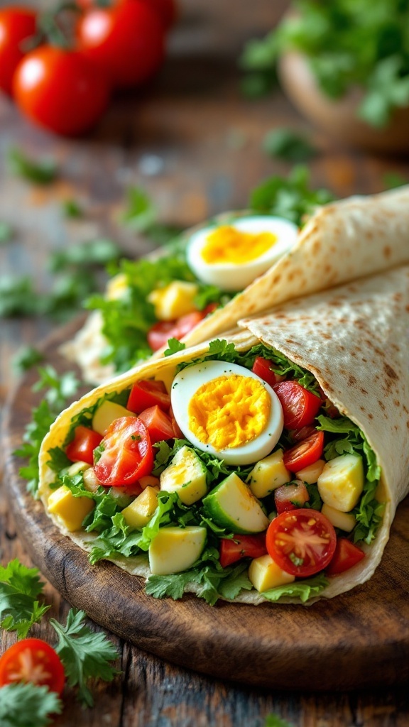 Egg salad wrap filled with lettuce, diced vegetables, and hard-boiled eggs