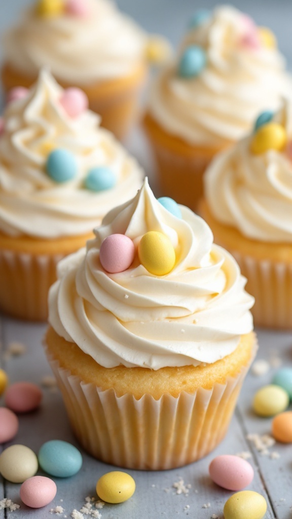 Vanilla bean cupcakes topped with fluffy frosting and colorful candy eggs, set on a speckled white surface.