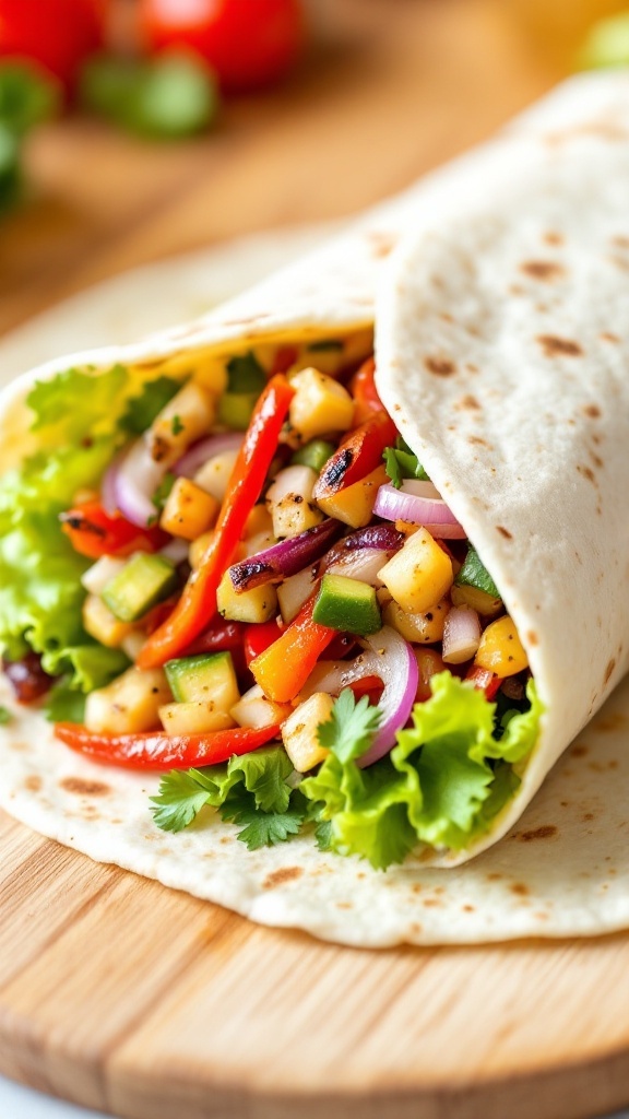 A colorful Fajita Veggie Wrap filled with greens, peppers, and avocado.