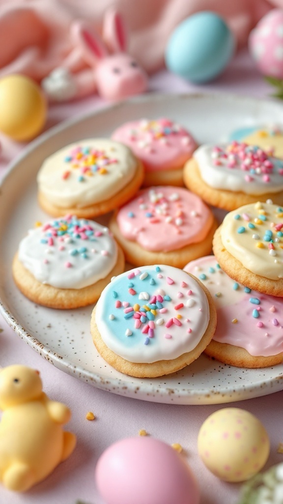 Decoratively iced filled sugar cookies with colorful sprinkles.