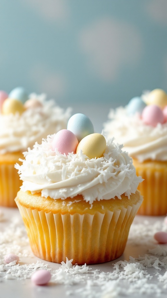 Easter themed cupcakes with coconut frosting and candy eggs