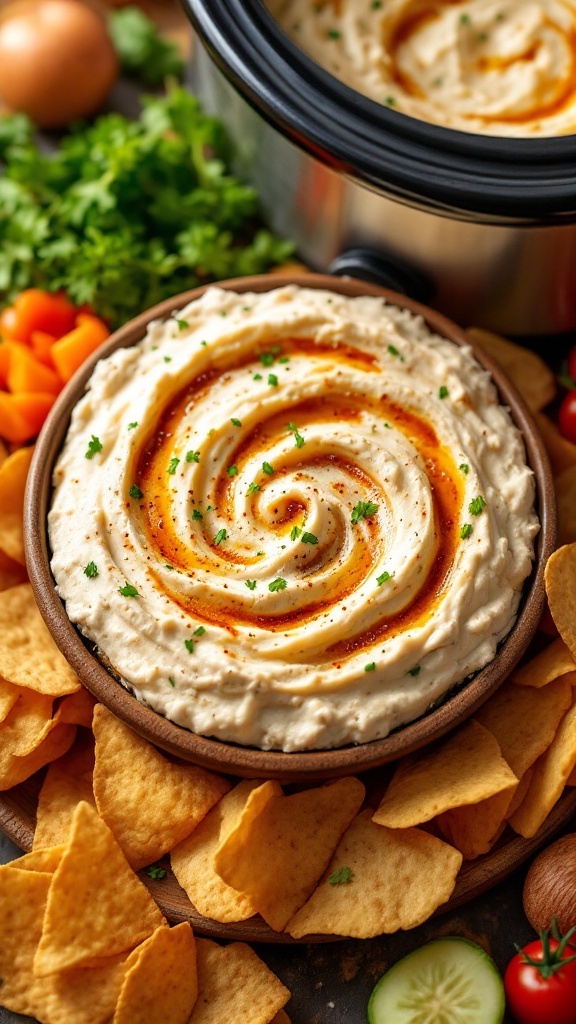 A bowl of creamy French onion dip surrounded by tortilla chips.