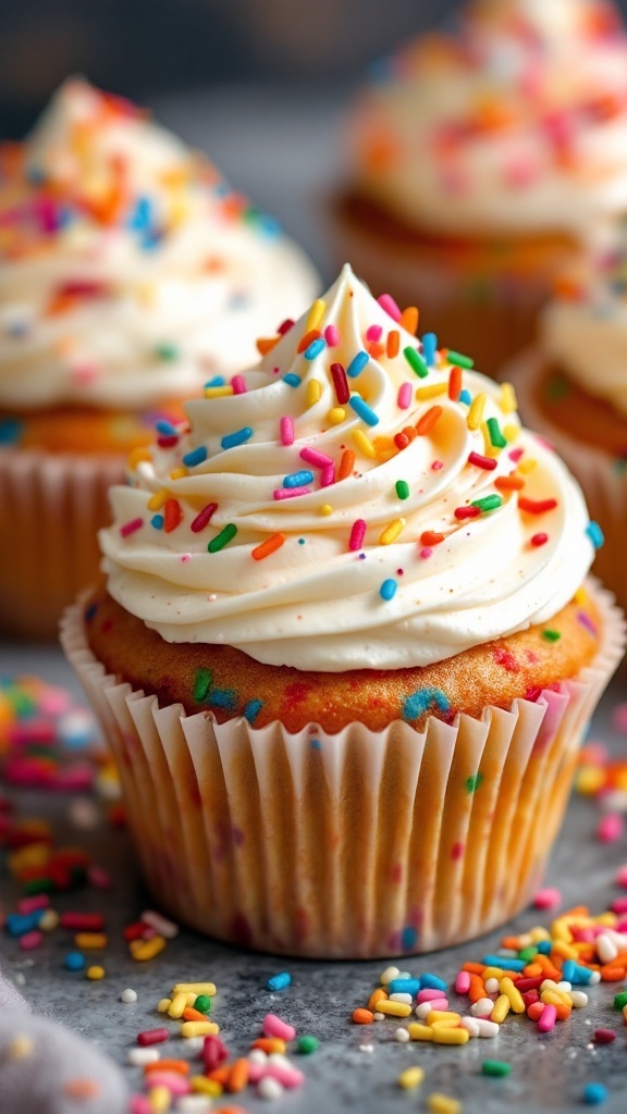 Colorful funfetti cupcake with white frosting and sprinkles