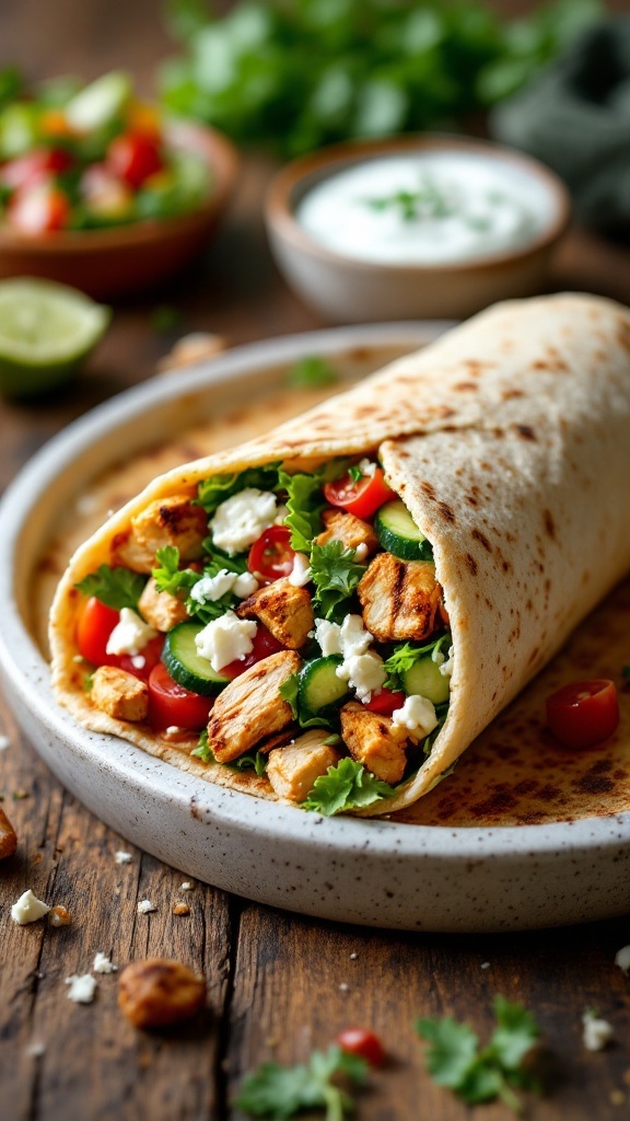 Greek Chicken Wrap with fresh vegetables and feta cheese