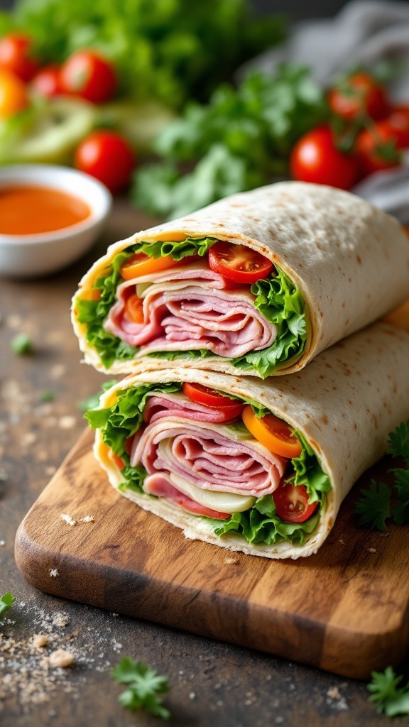 A delicious ham and Swiss wrap with fresh vegetables