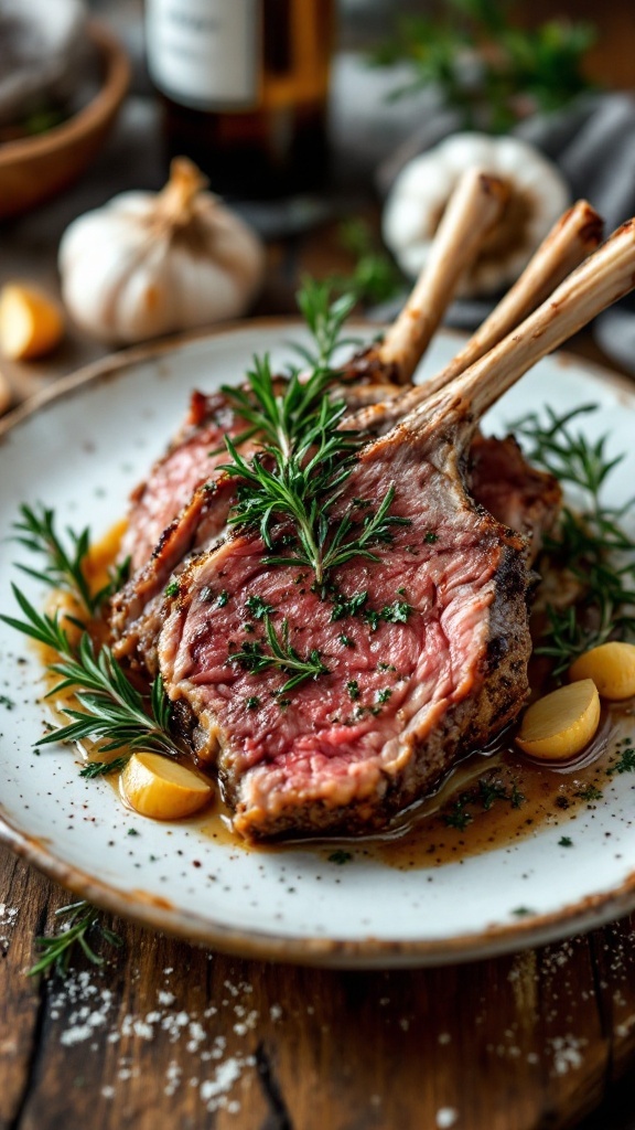 Herb-crusted rack of lamb served with garlic and herbs