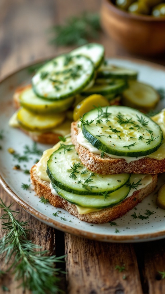 Herbed cucumber sandwiches with dill on a plate