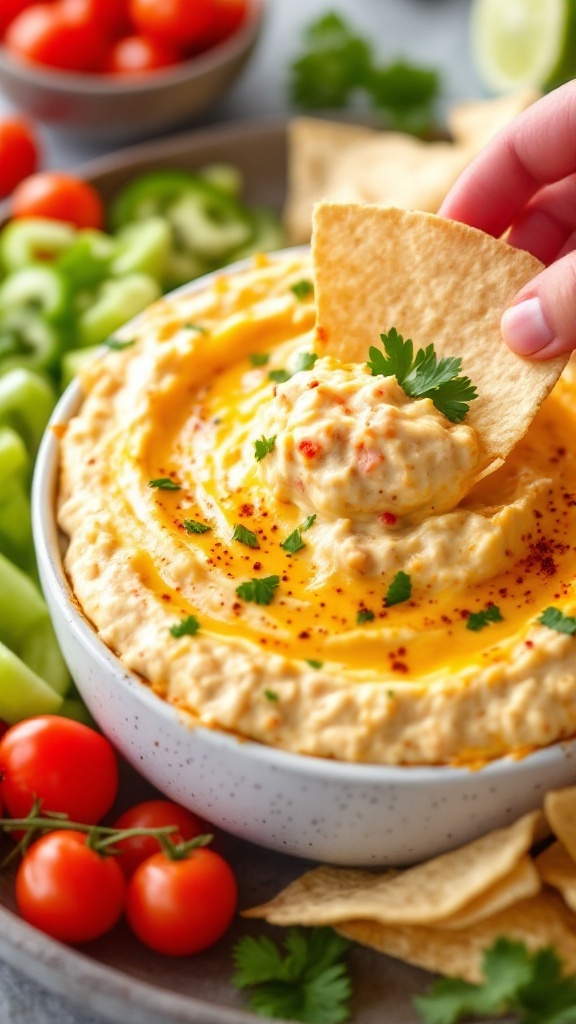 Creamy hot crab dip served in a bowl with fresh ingredients and chips on the side.