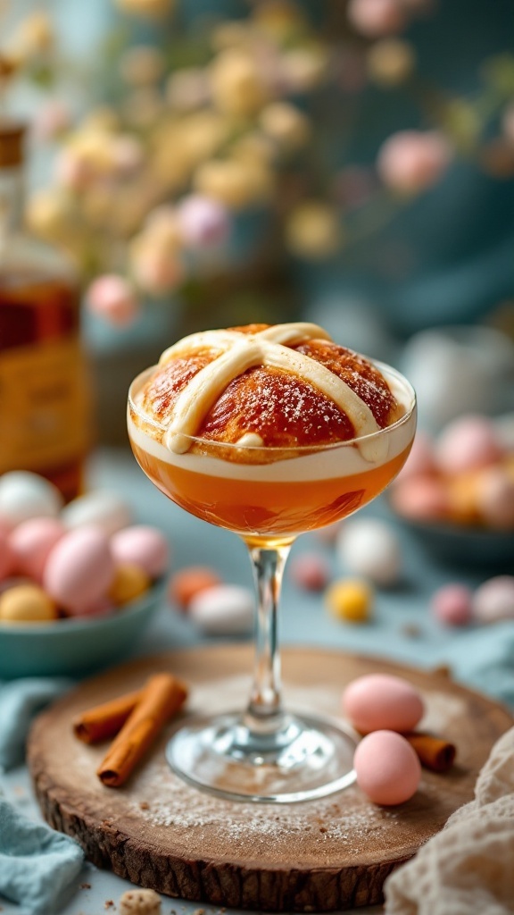 A delicious Hot Cross Bun Cocktail garnished with a cinnamon stick, perfect for Easter brunch.