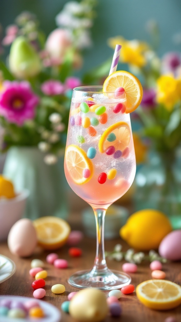 A colorful cocktail with jelly beans and lemon slices, served in a glass with a straw.