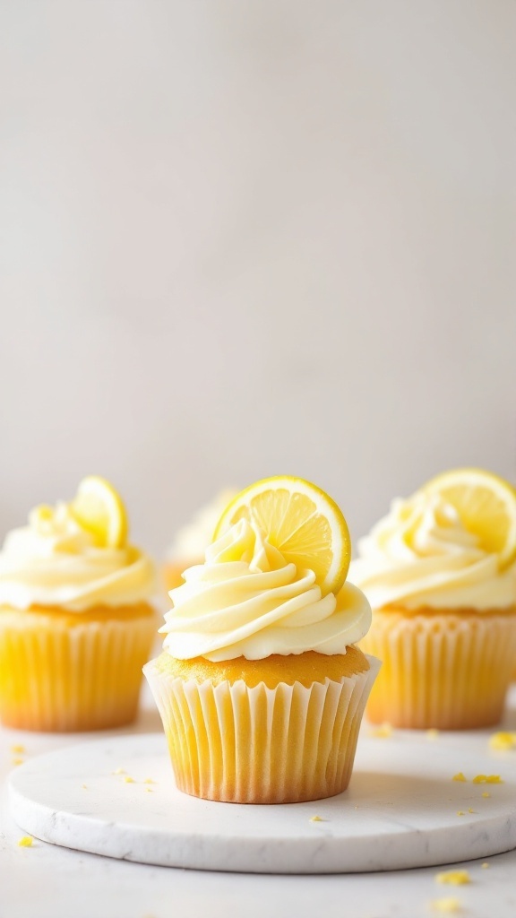 Lemon zest cupcakes on a speckled white surface