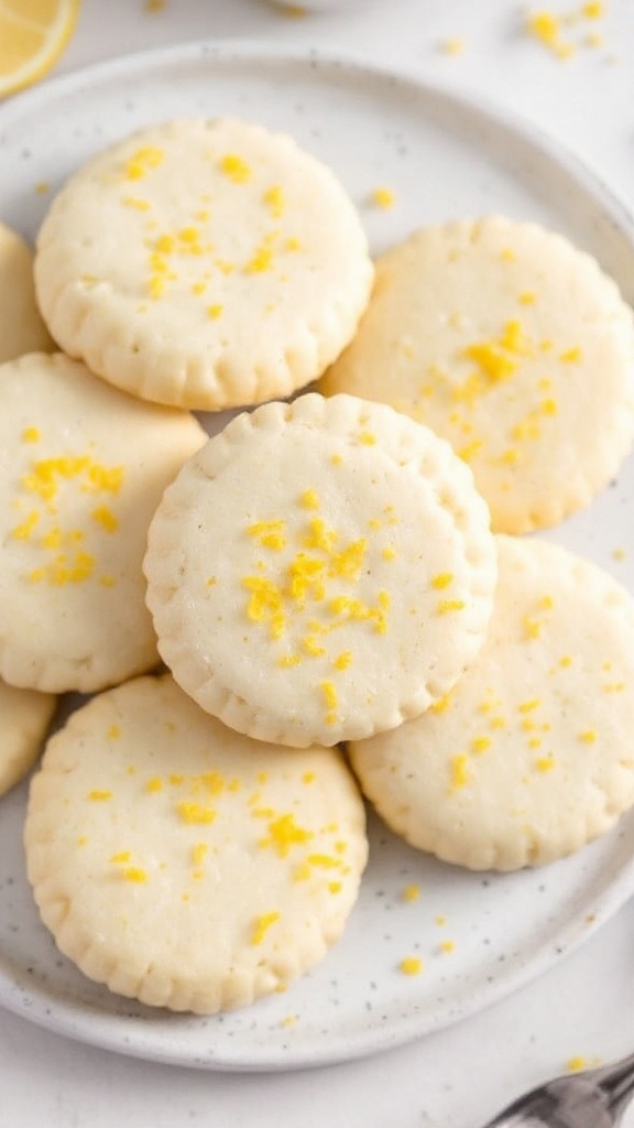 A plate of decorated lemon zest shortbread cookies with lemon slices and flowers.