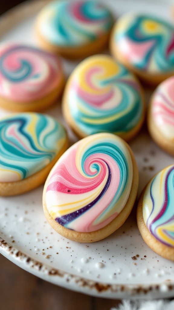 Colorful marbleized egg cookies on a plate