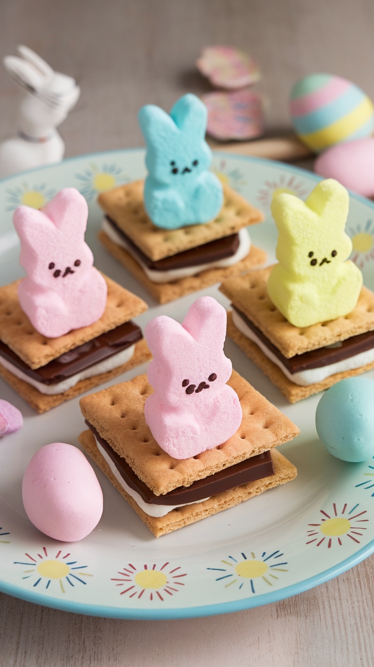 Colorful Marshmallow Peeps S'Mores on a plate with flowers and sprinkles