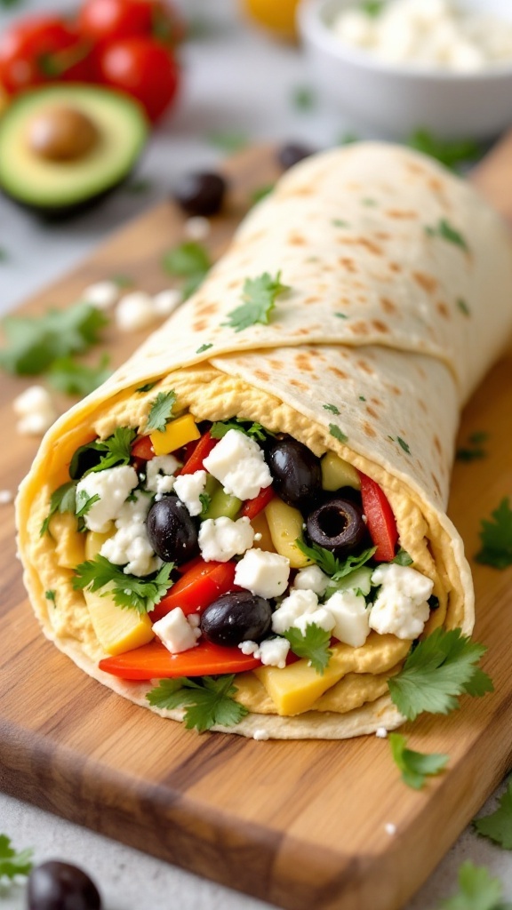 Mediterranean Hummus Wrap with fresh vegetables and hummus.