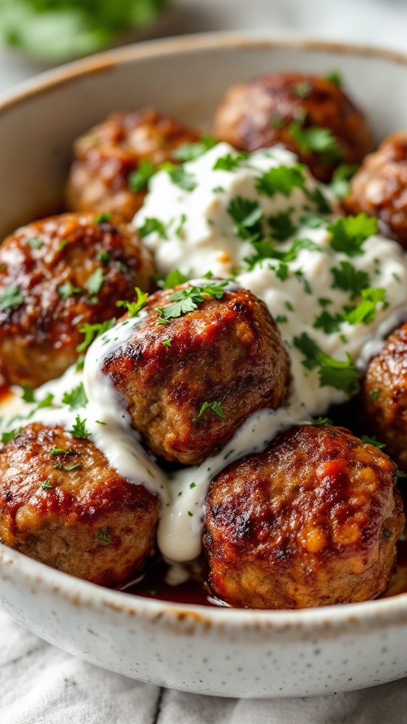 A bowl of Mediterranean lamb meatballs topped with yogurt sauce and fresh herbs.