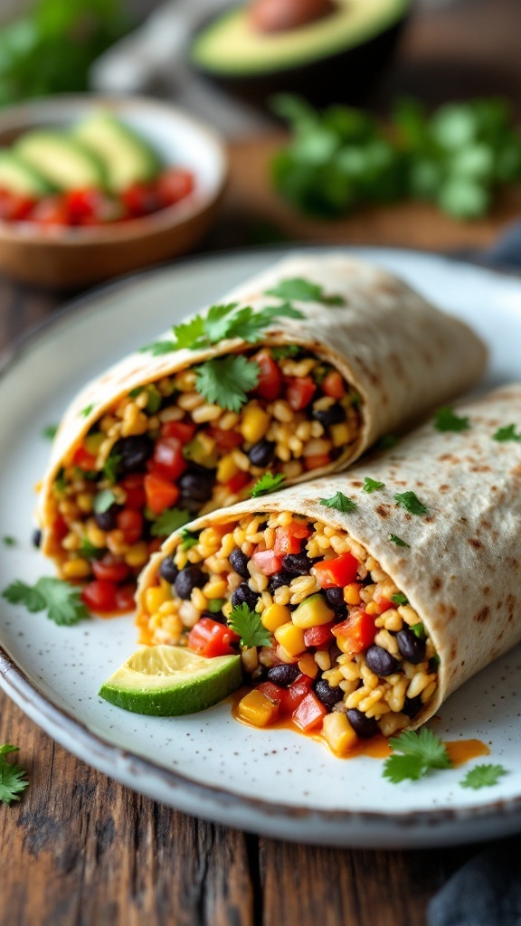 Two Mexican bean and rice wraps with fresh ingredients on a plate.