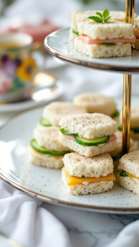 Mini cucumber sandwiches arranged elegantly on a plate, ideal for afternoon tea.