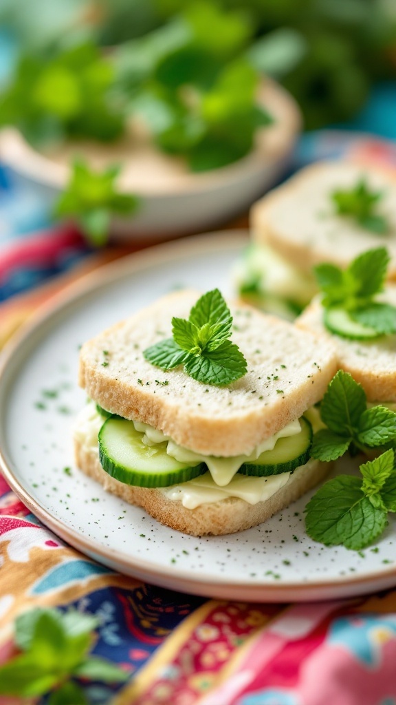 Mint-infused cucumber sandwiches arranged on a plate with fresh mint leaves