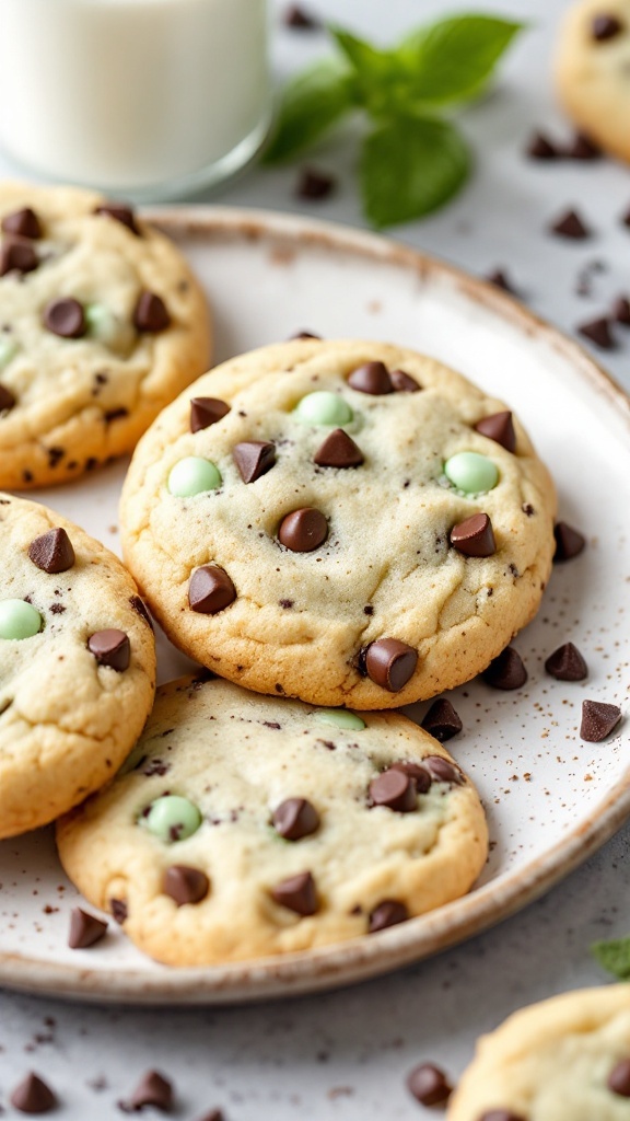 Mint chocolate chip cookies stacked with a colorful background