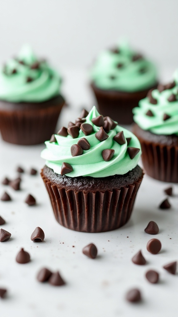 Mint Chocolate Chip Cupcakes topped with green frosting and chocolate chips on a speckled white surface